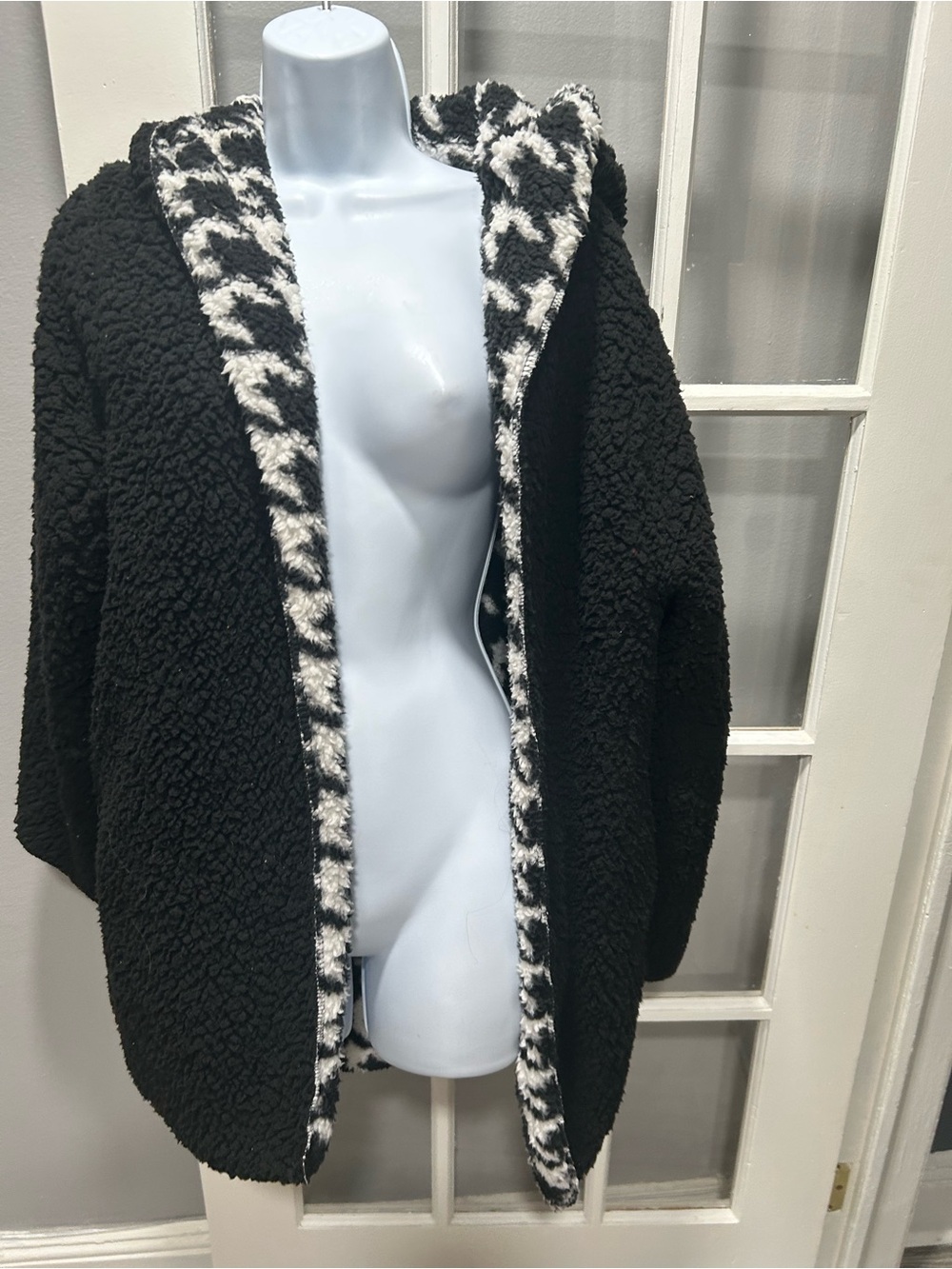 Black Teddy Sherpa Hooded Jacket with Patterned Trim